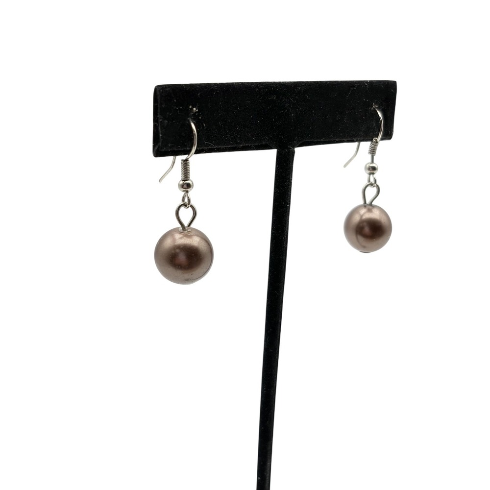 Brown Faux Pearl Dangle Drop Earrings Womens Silver Tone French Wire Beaded
